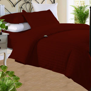 Burgundy Stripe Duvet Cover Set with Fitted Sheet Sateen Comfy