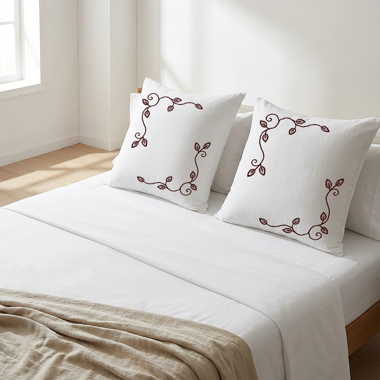 White Cushion Cover Set Floral Vine Embroidery - Pack of 2