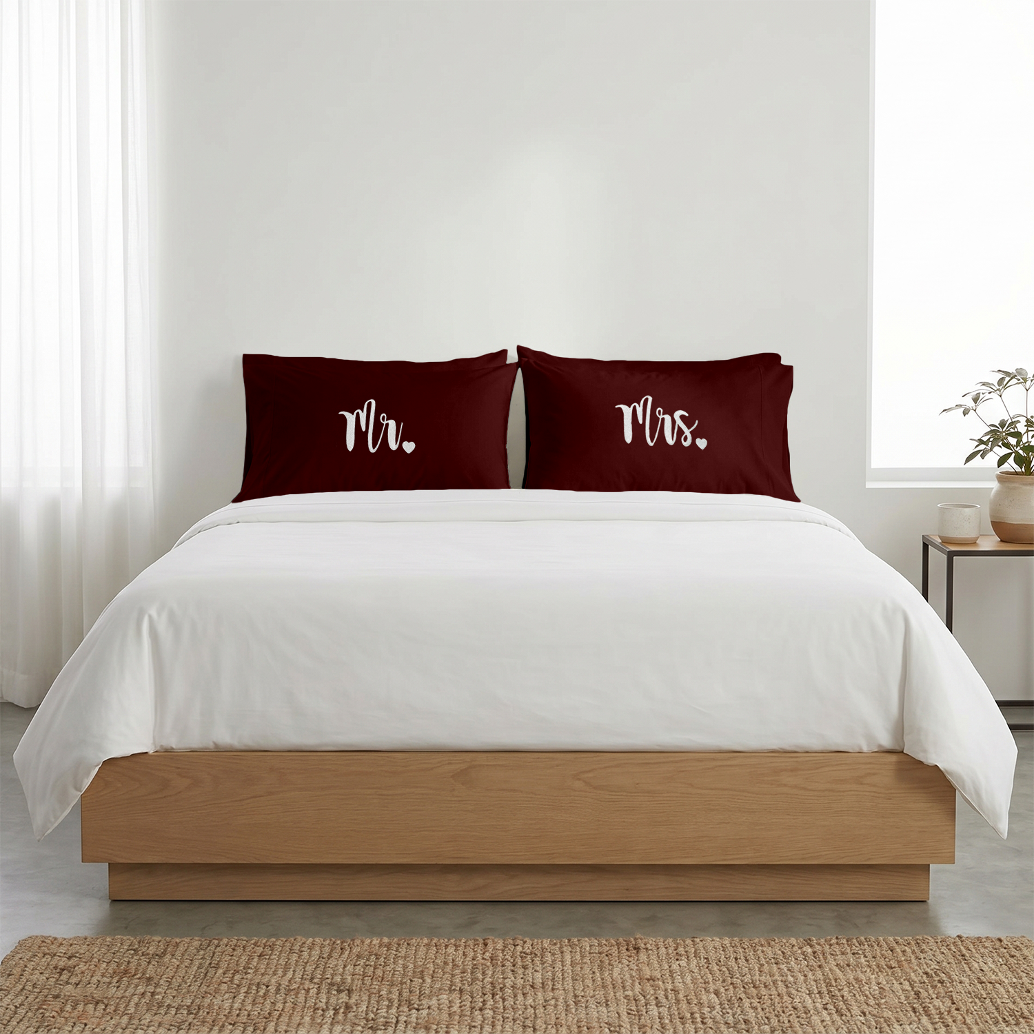 Burgundy Mr. & Mrs. Heart Pillow Covers White Embroidery