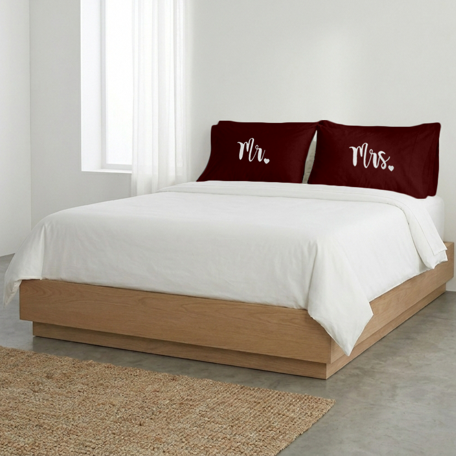 Burgundy Mr. & Mrs. Heart Pillow Covers White Embroidery
