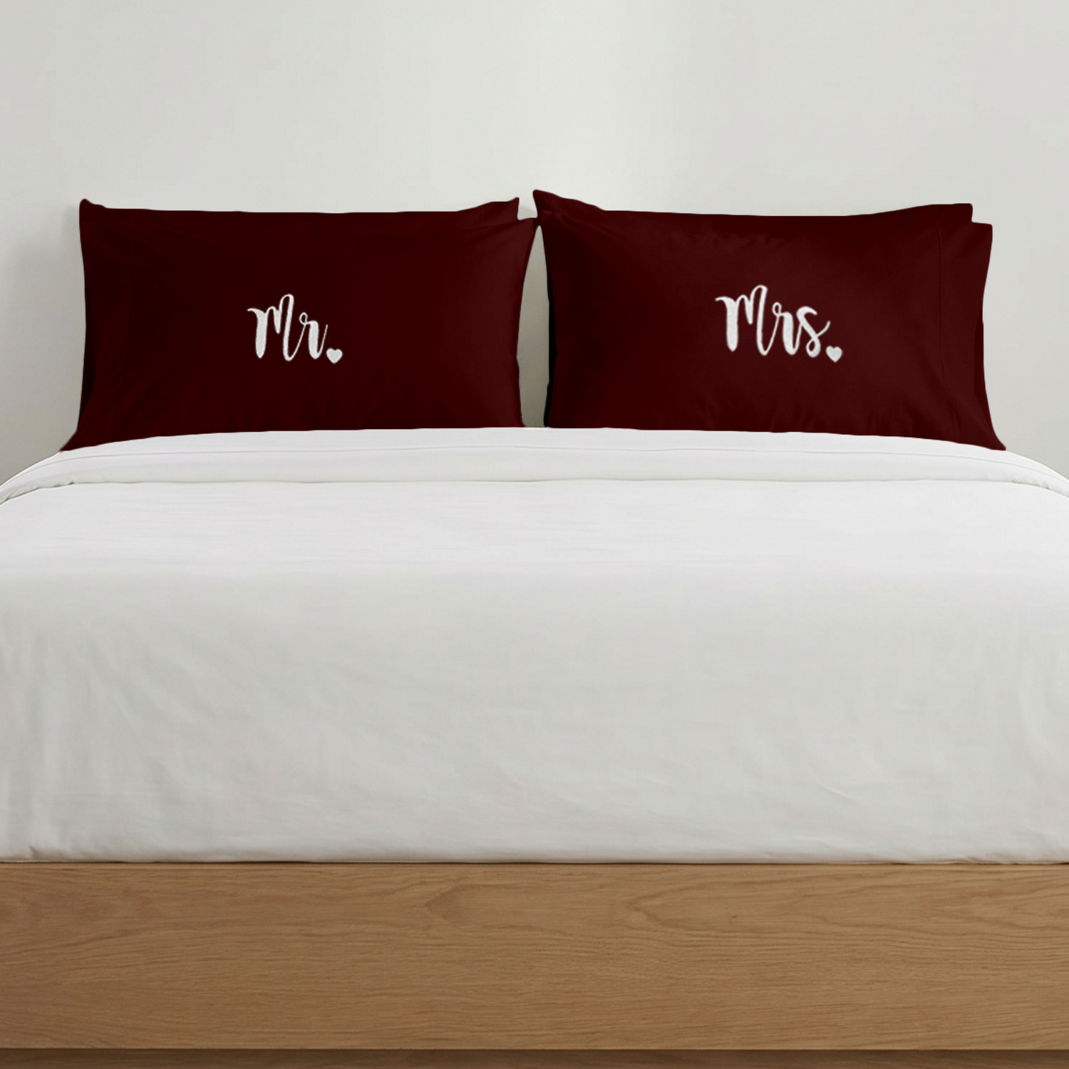 Burgundy Mr. & Mrs. Heart Pillow Covers White Embroidery