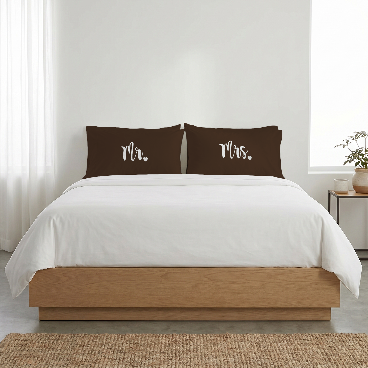 Chocolate Mr. & Mrs. Heart Pillow Covers White Embroidery