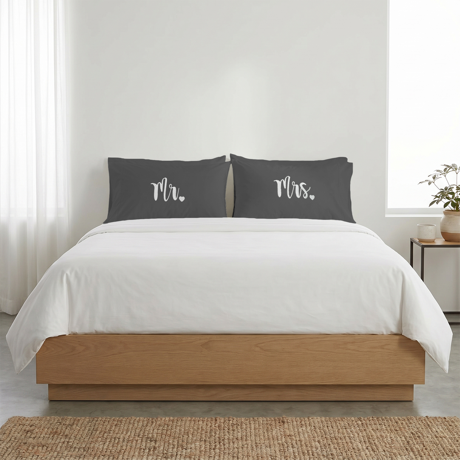 Dark Grey Mr. & Mrs. Heart Pillow Covers White Embroidery