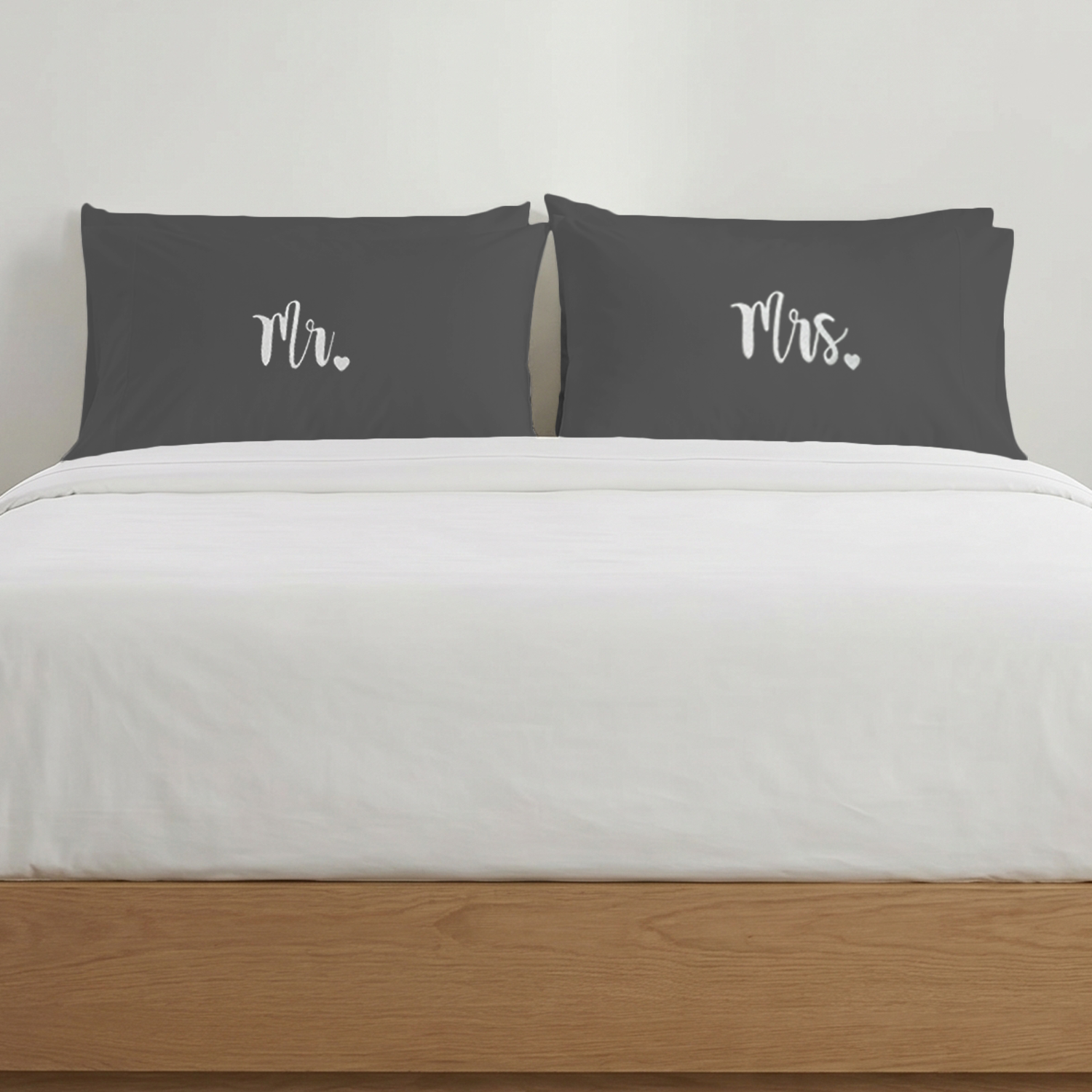 Dark Grey Mr. & Mrs. Heart Pillow Covers White Embroidery