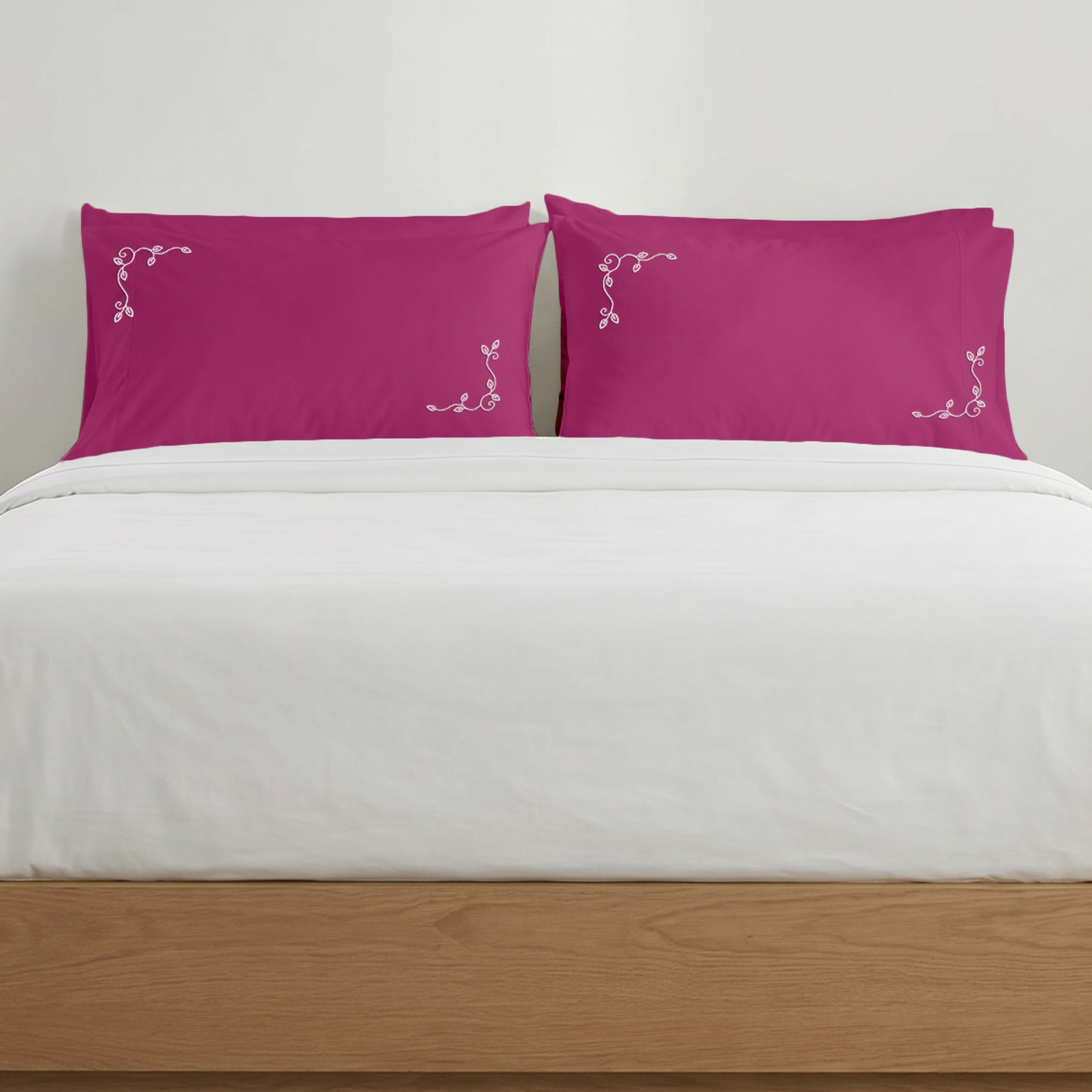 Hot Pink Floral Vine Embroidered Pillow Cover Set White Embroidery