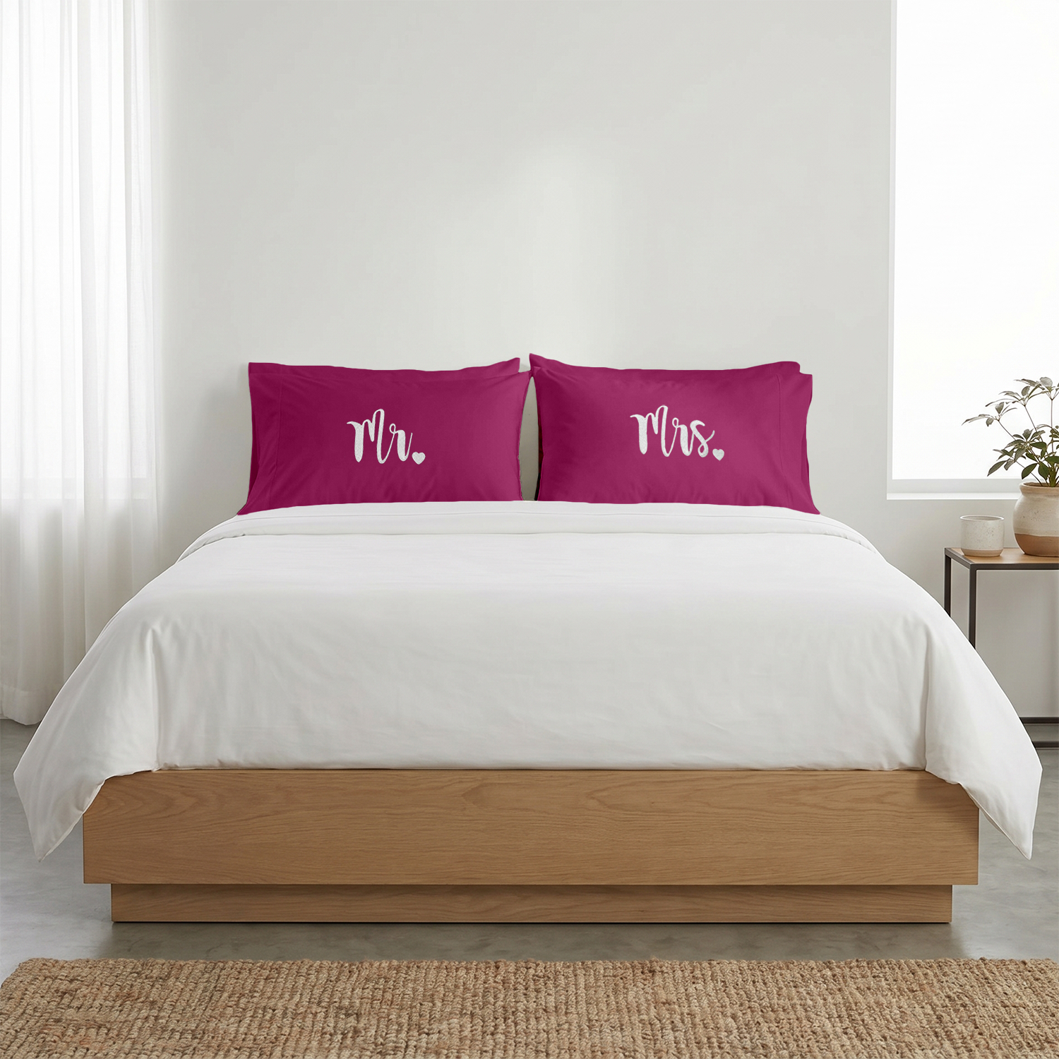 Hot Pink Mr Mrs Heart Pillow Covers White Embroidery