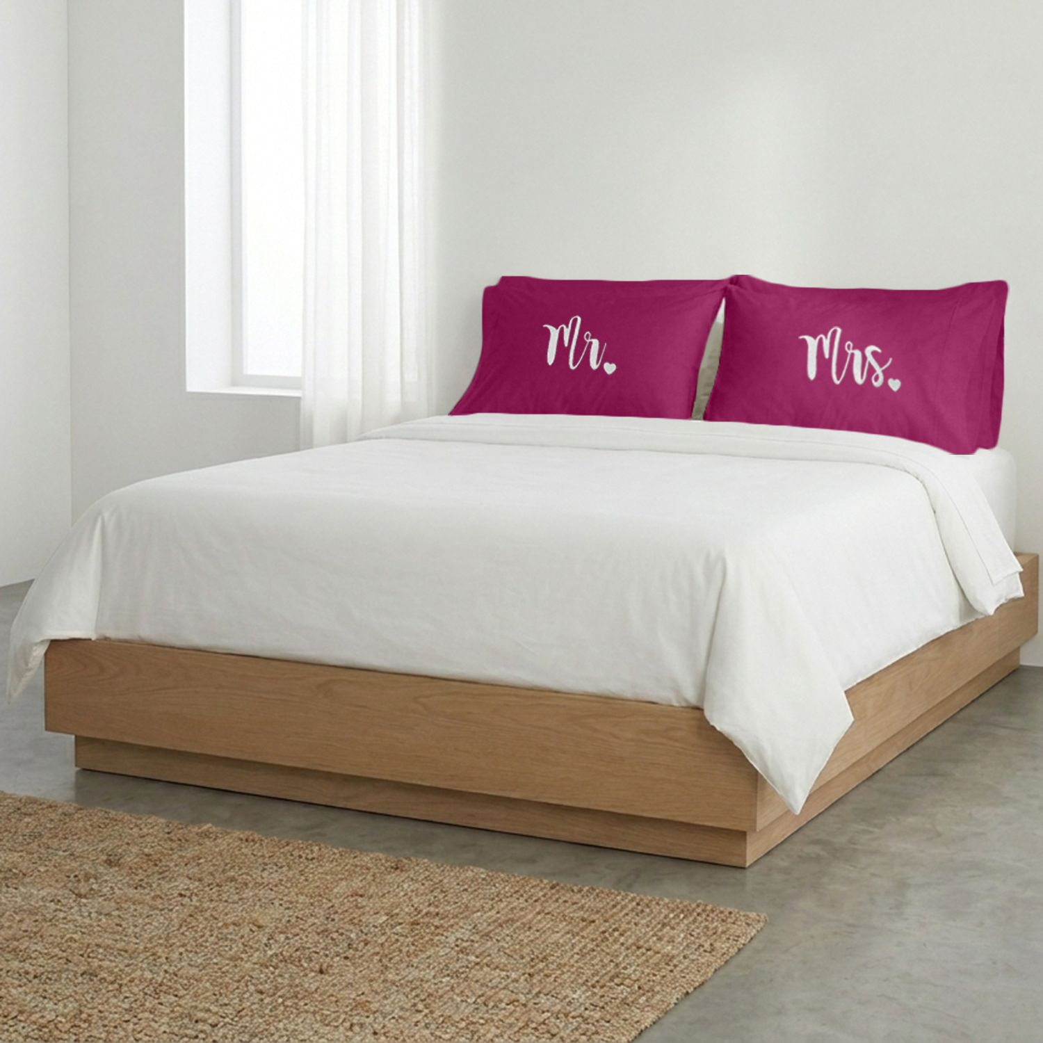 Hot Pink Mr Mrs Heart Pillow Covers White Embroidery