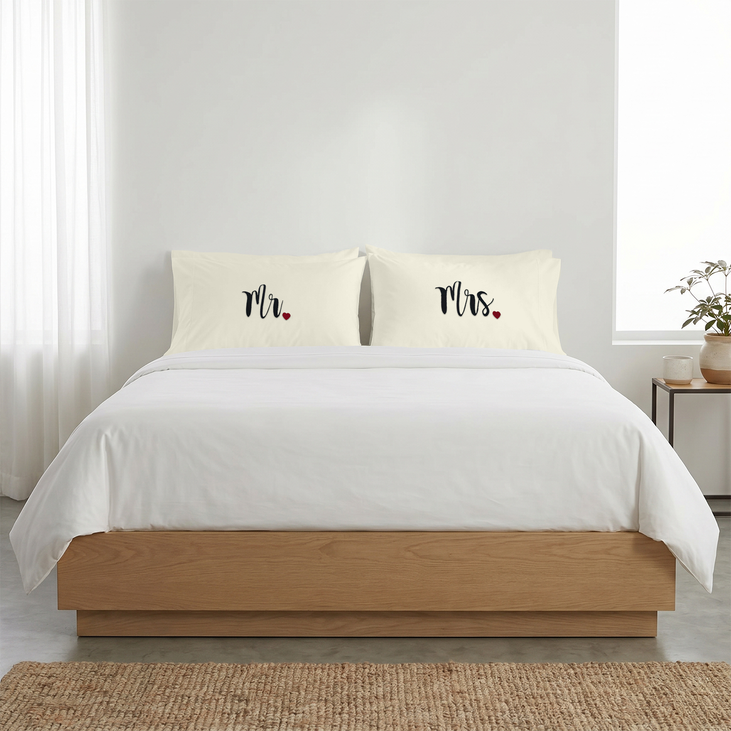 Ivory Mr. & Mrs. Heart Pillow Covers Black Embroidery
