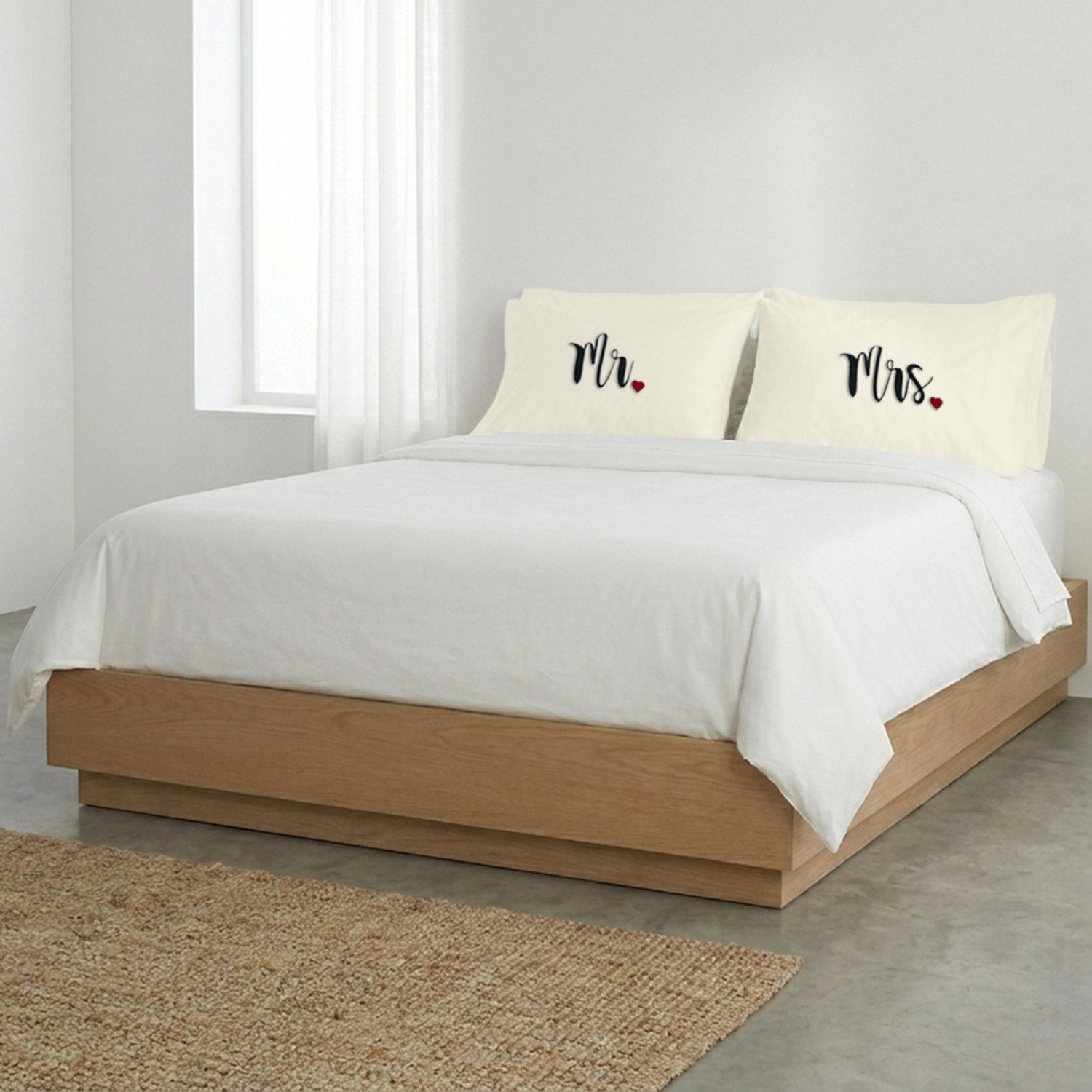 Ivory Mr. & Mrs. Heart Pillow Covers Black Embroidery