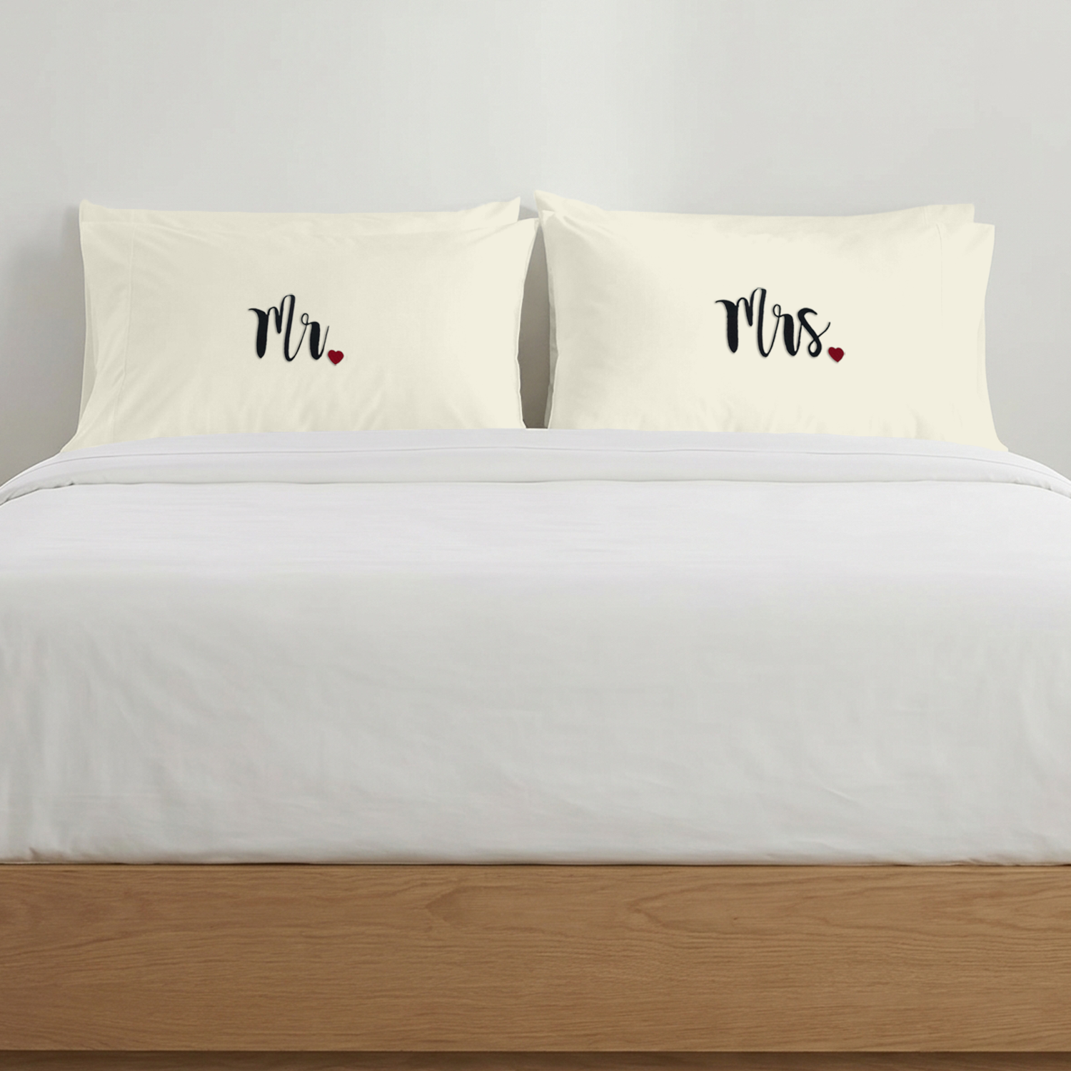 Ivory Mr. & Mrs. Heart Pillow Covers Black Embroidery