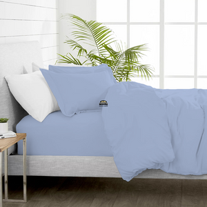 Light Blue Duvet Cover Set with Fitted Sheet Solid Comfy Sateen