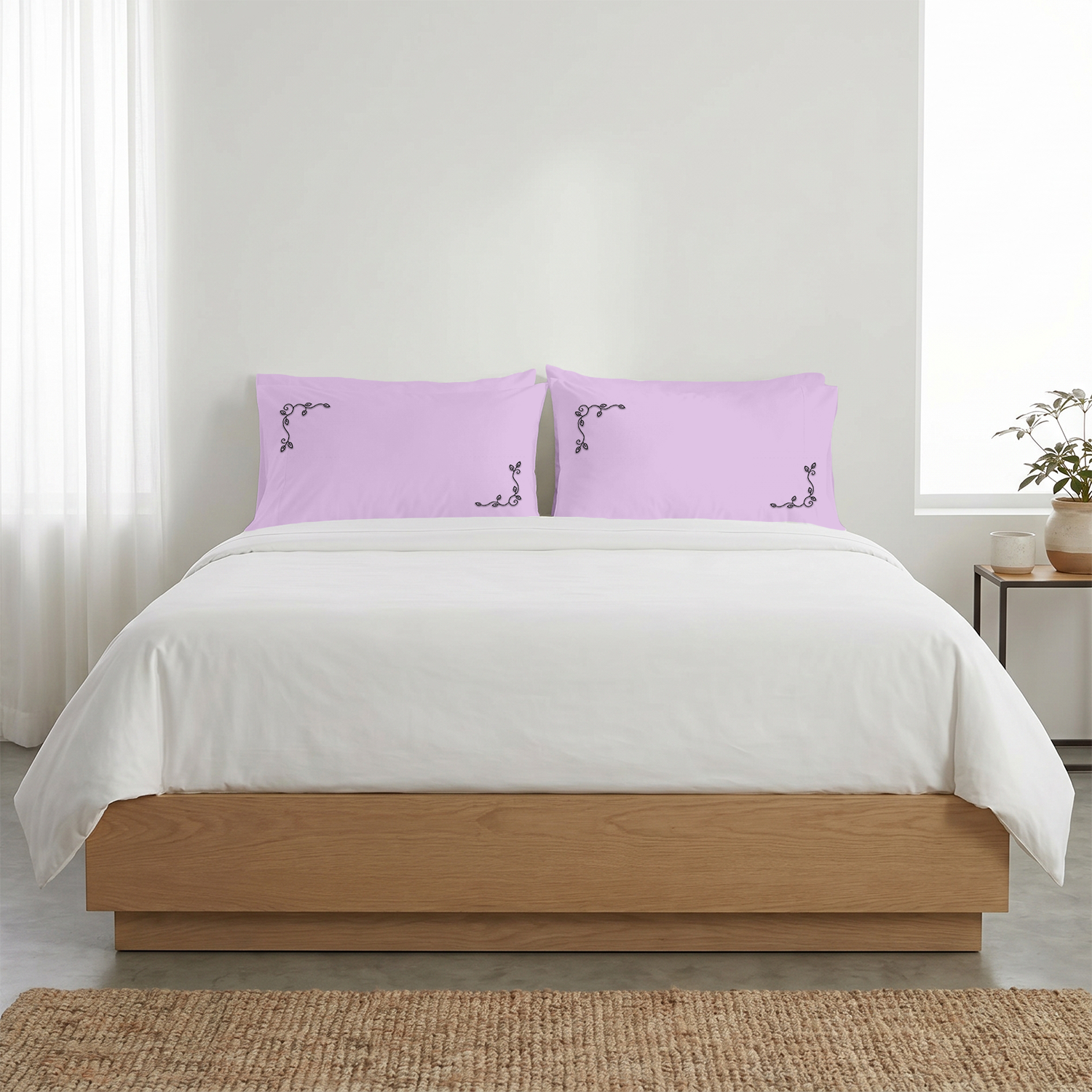 Lilac Floral Vine Embroidered Pillow Cover Set Black Embroidery