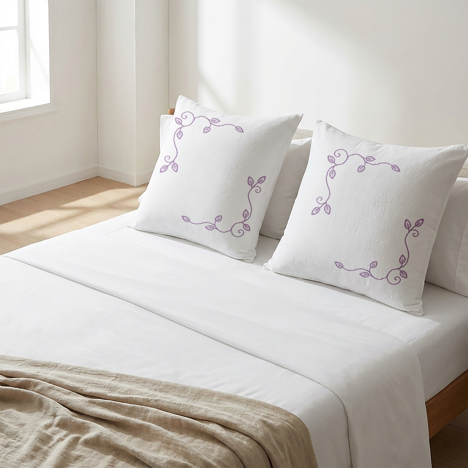 White Cushion Cover Set Floral Vine Embroidery - Pack of 2