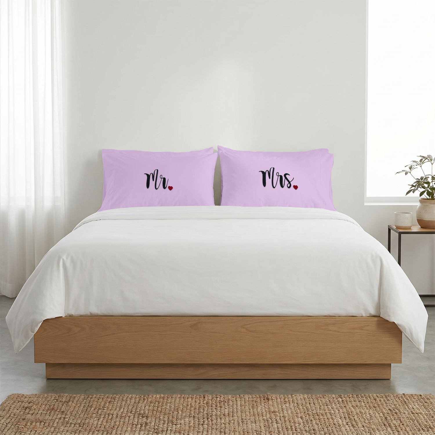 Lilac Mr Mrs Heart Pillow Covers Black Embroidery