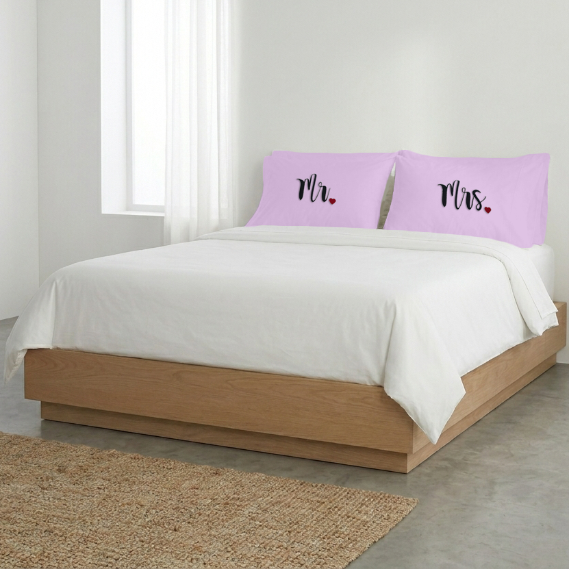 Lilac Mr Mrs Heart Pillow Covers Black Embroidery
