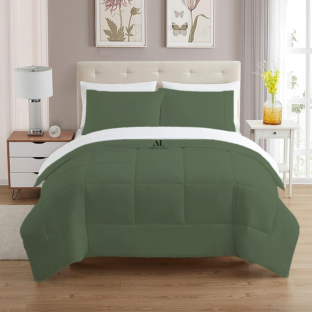 Moss Green Comforter Box Pattern In King, Queen - AanyaLinen