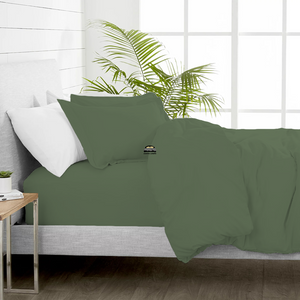 Solid Moss Green Duvet Cover Set with Fitted Sheet Comfy