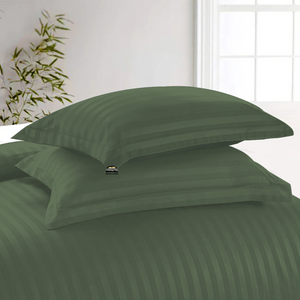 Moss Green Stripe Duvet Cover Set with Fitted Sheet Sateen Comfy