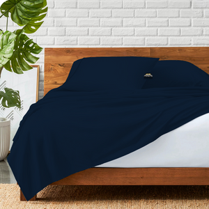 Navy Blue Flat Sheet with Pillowcase Bliss Solid Sateen