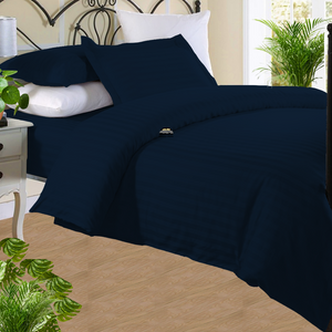 Navy Blue Stripe Duvet Cover Set with Fitted Sheet Sateen Comfy