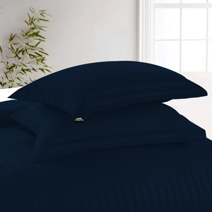 Navy Blue Stripe Duvet Cover Set with Fitted Sheet Sateen Comfy