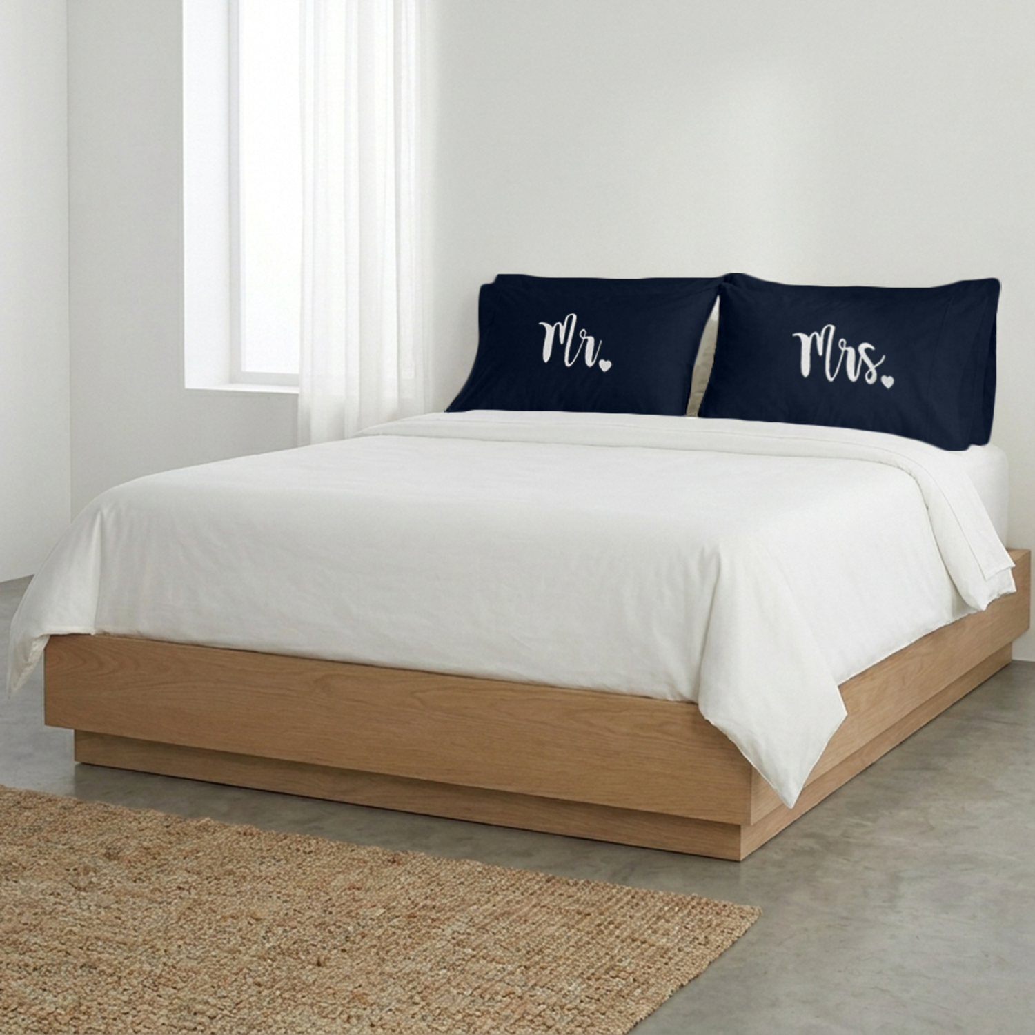 Navy Blue Mr. & Mrs. Heart Pillow Covers White Embroidery