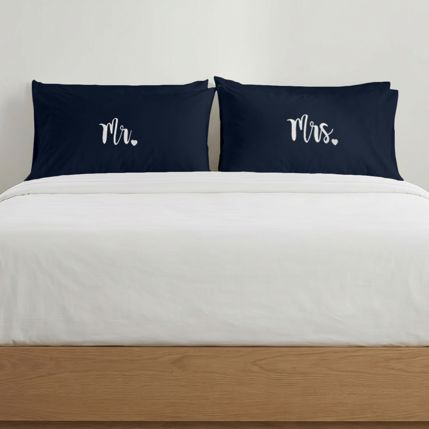 Navy Blue Mr. & Mrs. Heart Pillow Covers White Embroidery
