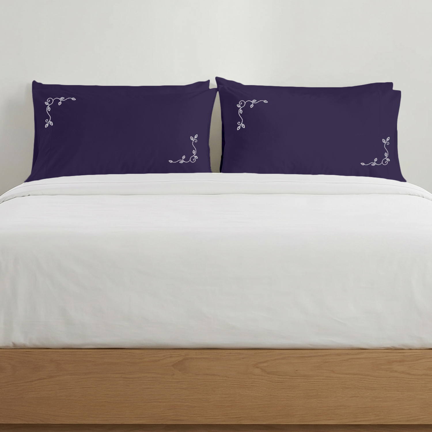 Purple Floral Vine Embroidered Pillow Cover Set White Embroidery