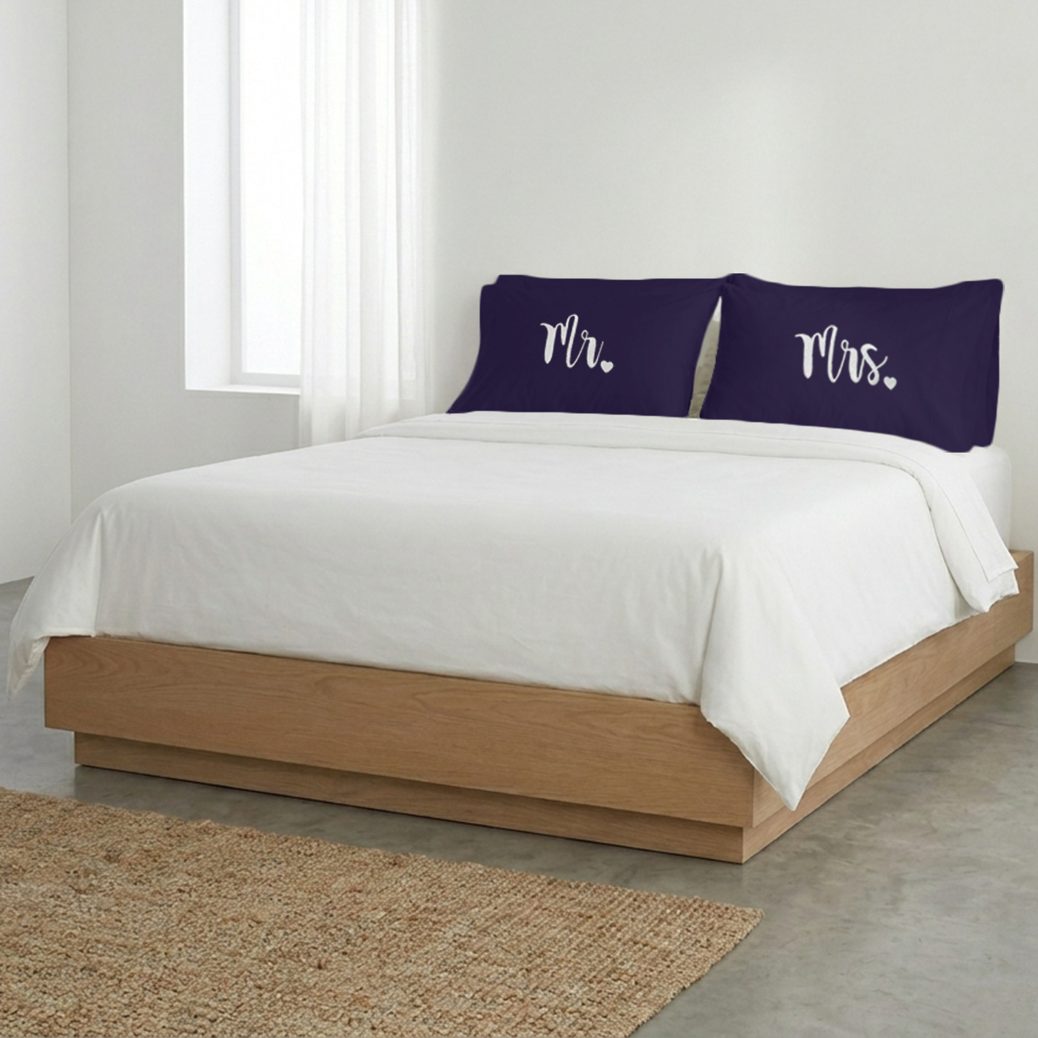 Purple Mr Mrs Heart Pillow Covers White Embroidery