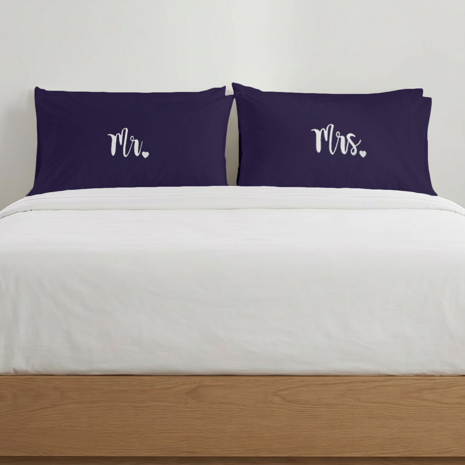 Purple Mr Mrs Heart Pillow Covers White Embroidery