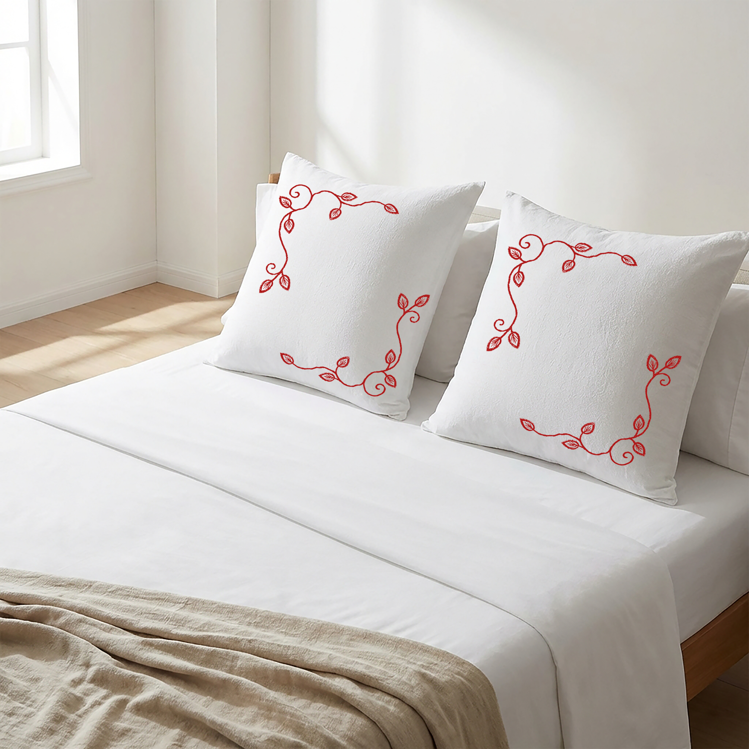 White Cushion Cover Set Floral Vine Embroidery - Pack of 2