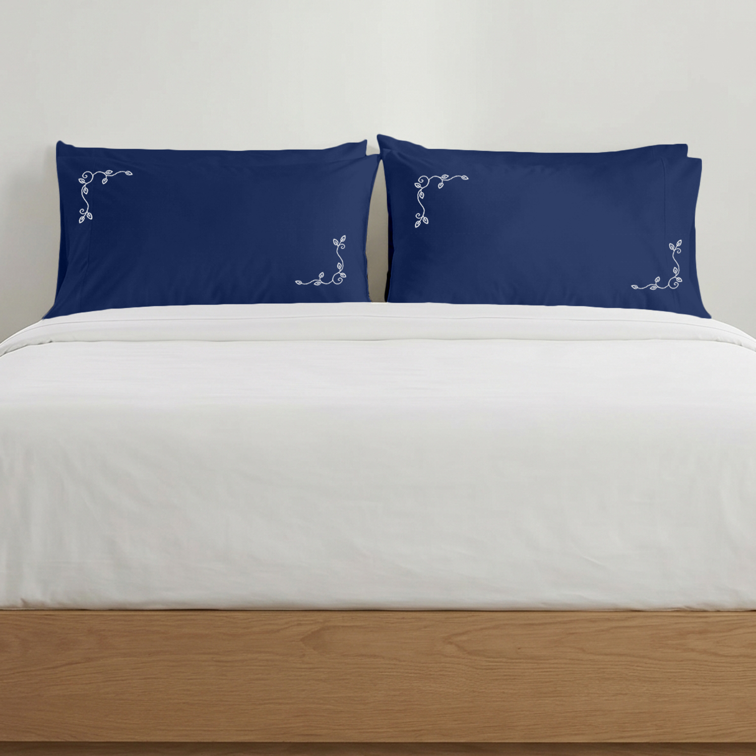 Royal Blue Floral Vine Embroidered Pillow Cover Set White Embroidery