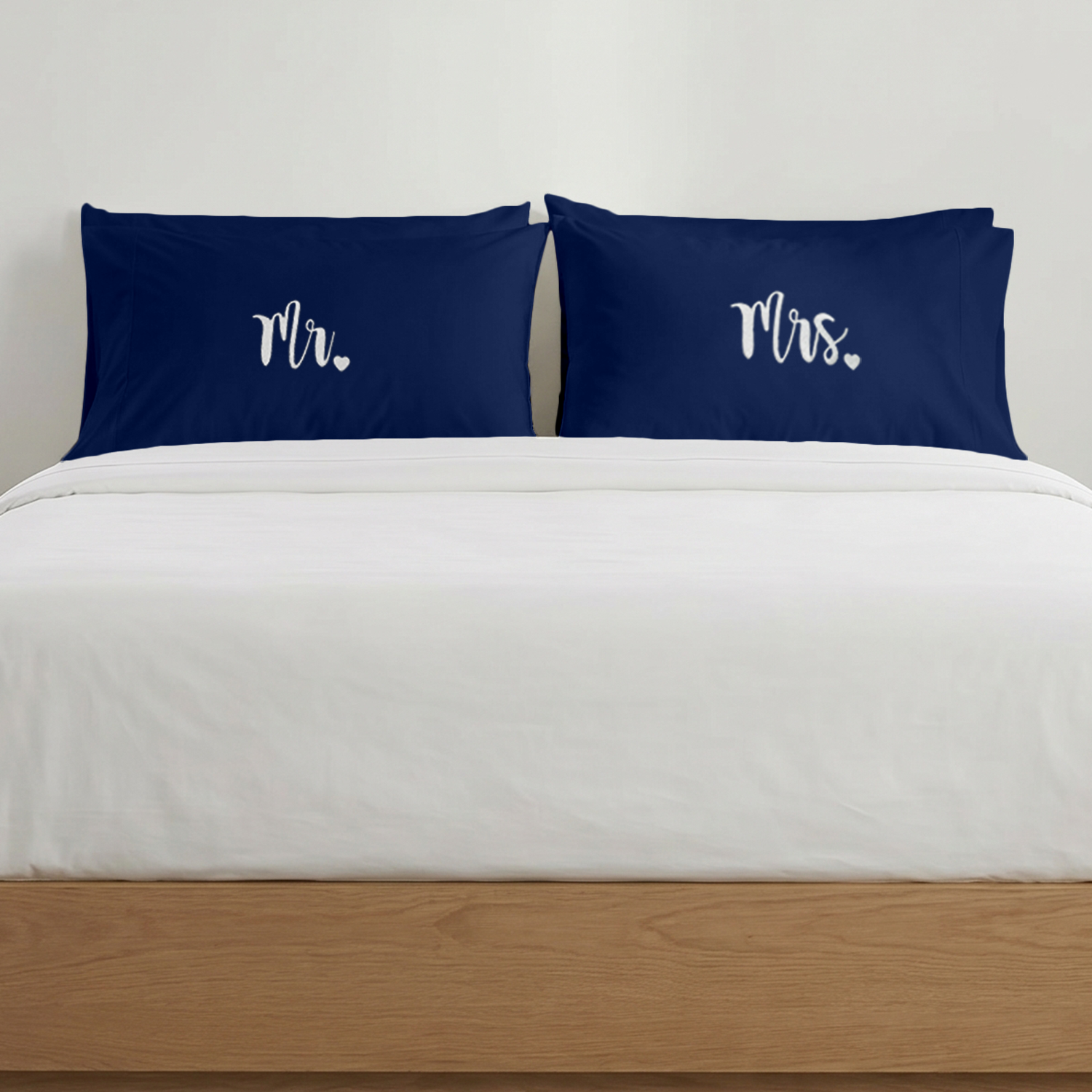 Royal Blue Mr Mrs Heart Pillow Covers White Embroidery