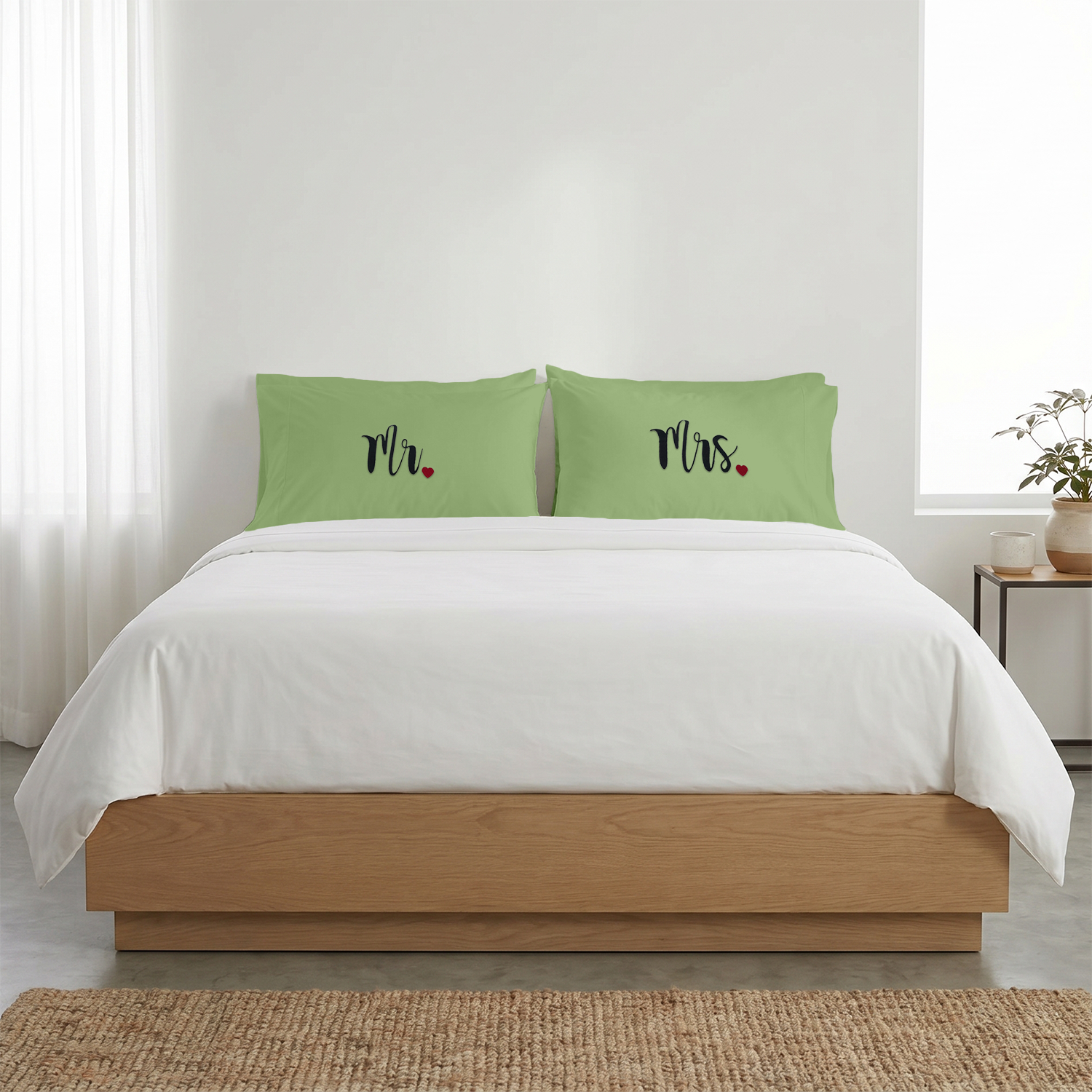 Sage Green Mr. & Mrs. Heart Pillow Covers Black Embroidery