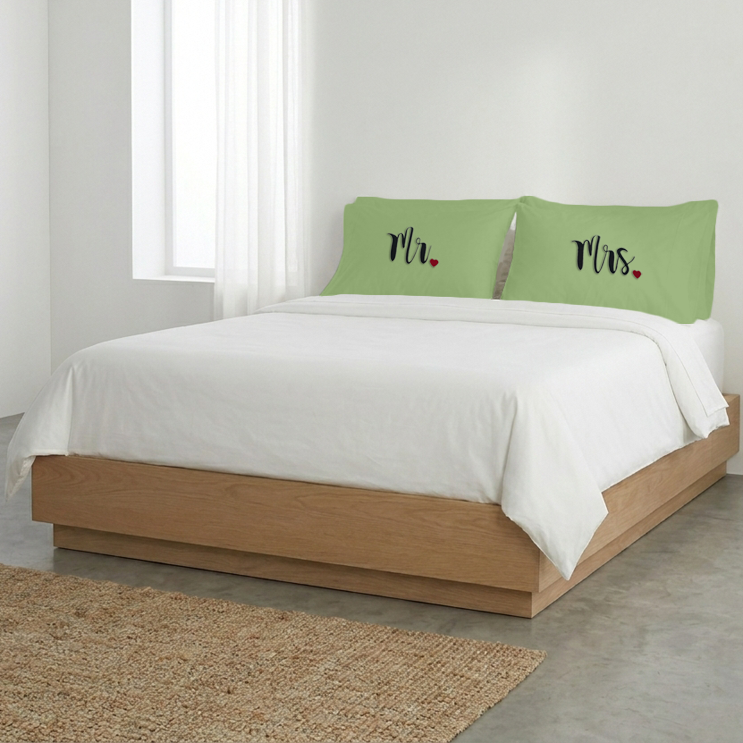 Sage Green Mr. & Mrs. Heart Pillow Covers Black Embroidery