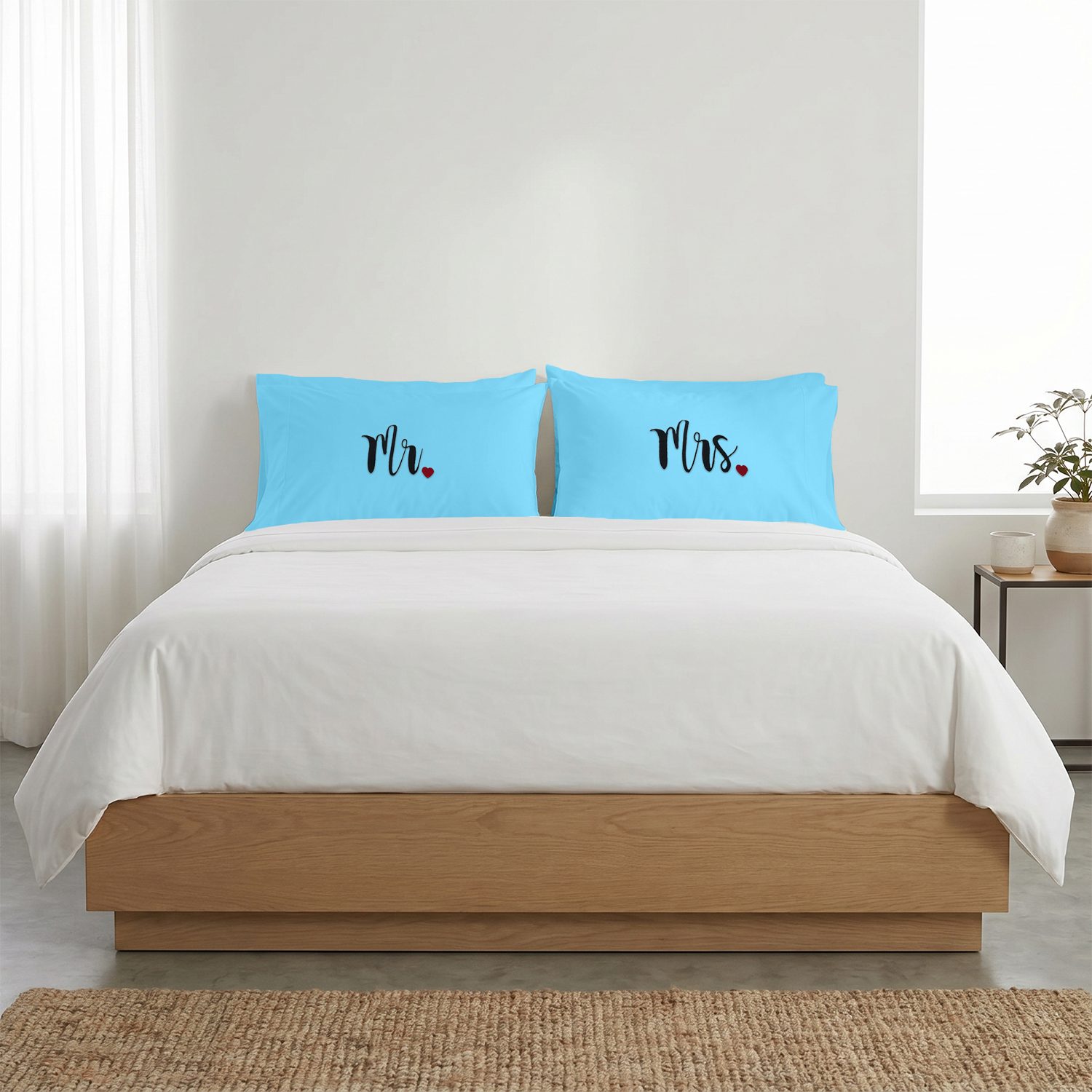 Light Blue Mr. & Mrs. Heart Pillow Covers Black Embroidery
