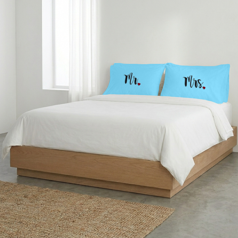 Light Blue Mr. & Mrs. Heart Pillow Covers Black Embroidery
