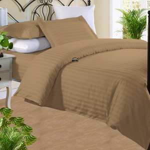 Taupe Stripe Duvet Cover Set with Fitted Sheet Sateen Comfy