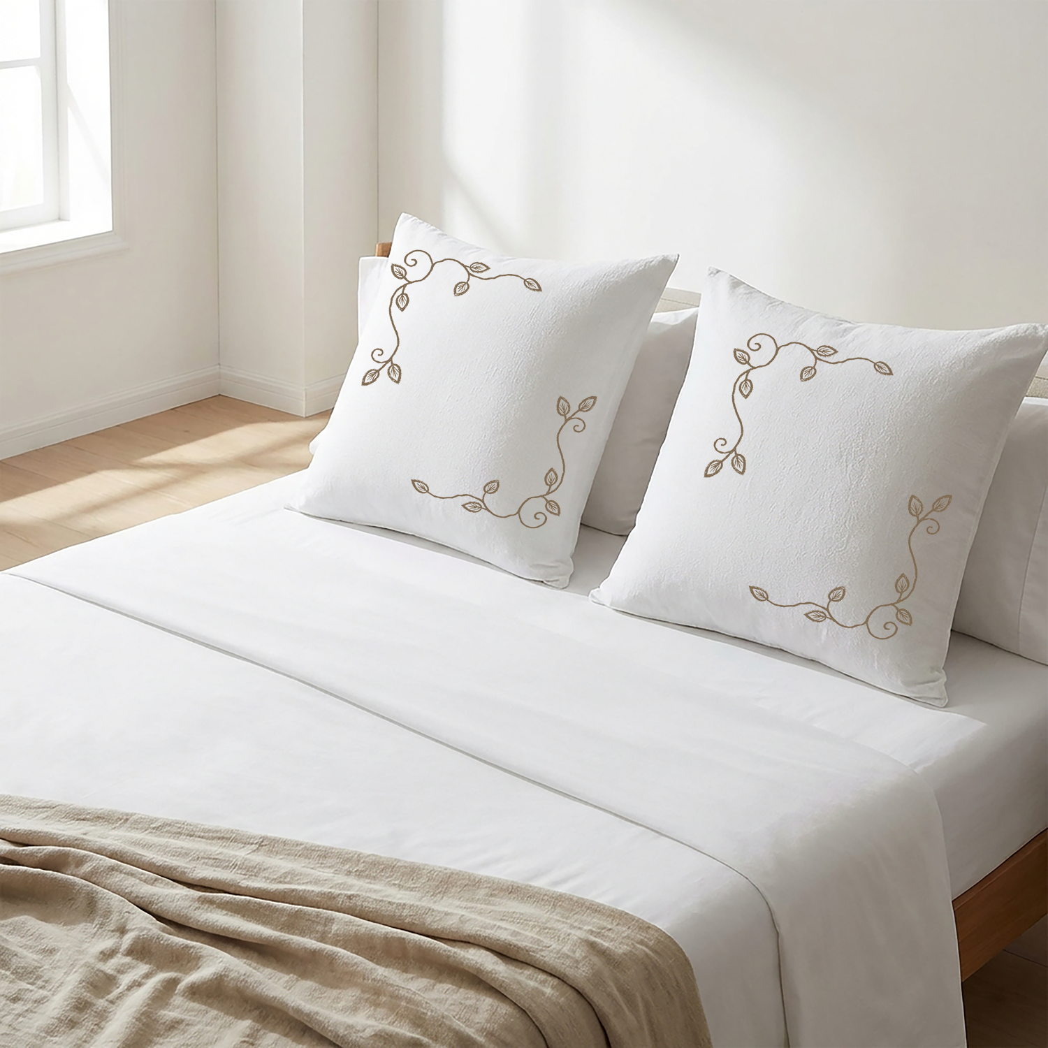 White Cushion Cover Set Floral Vine Embroidery - Pack of 2