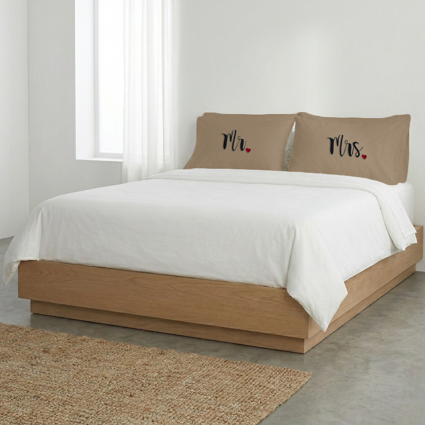 Taupe Mr. & Mrs. Heart Pillow Covers Black Embroidery