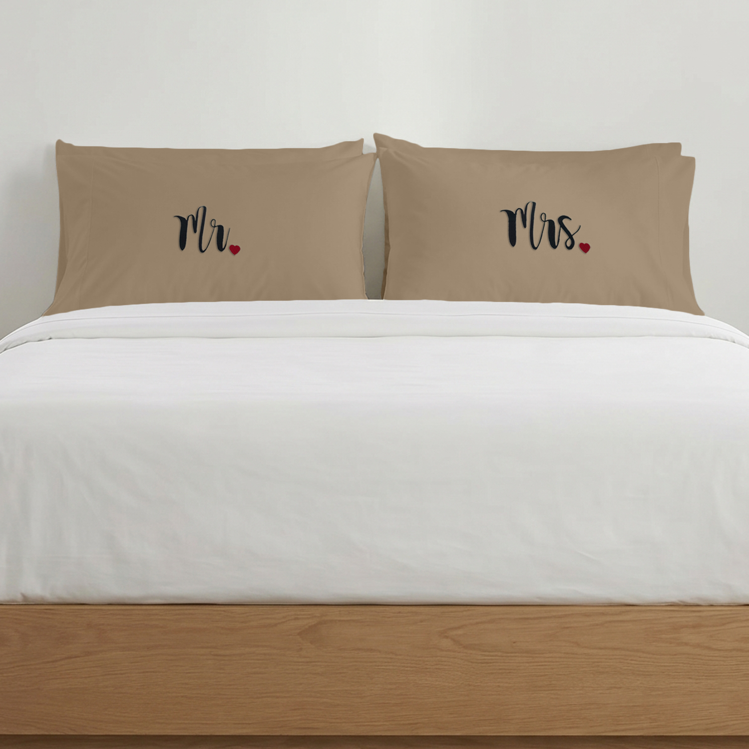 Taupe Mr. & Mrs. Heart Pillow Covers Black Embroidery