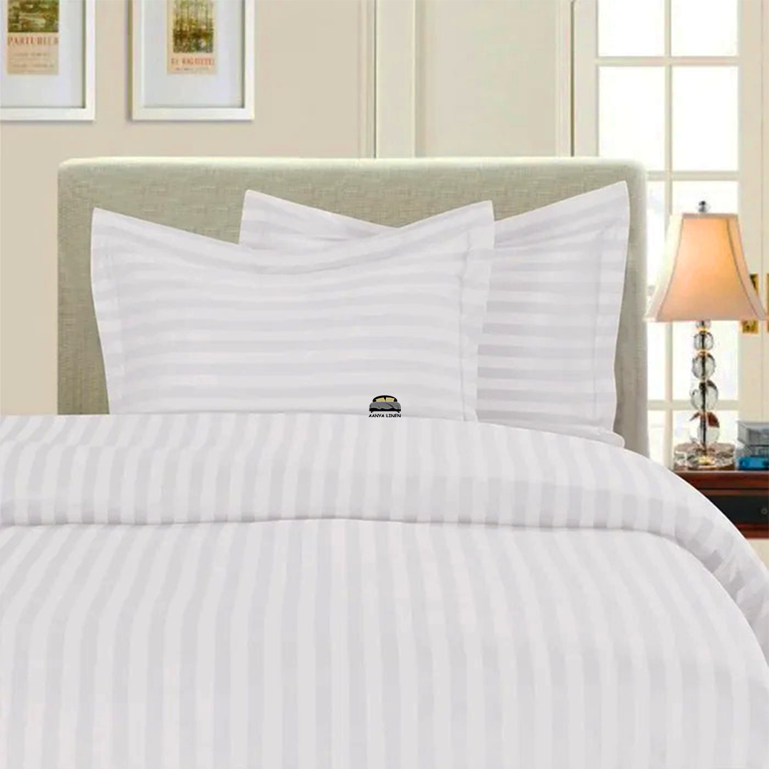 White Stripe Duvet Cover Set with Fitted Sheet AanyaLinen