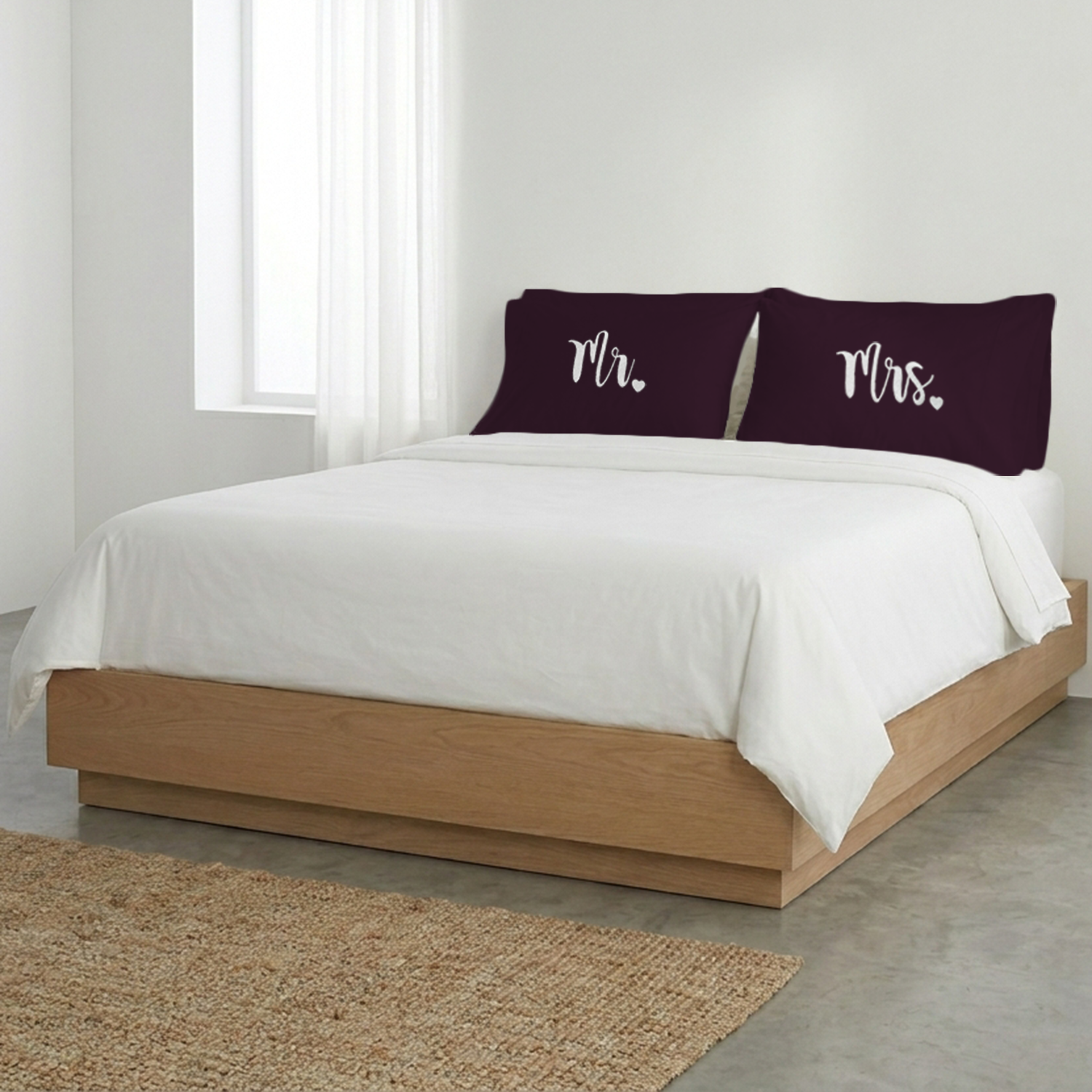 Wine Mr Mrs Heart Pillow Covers White Embroidery