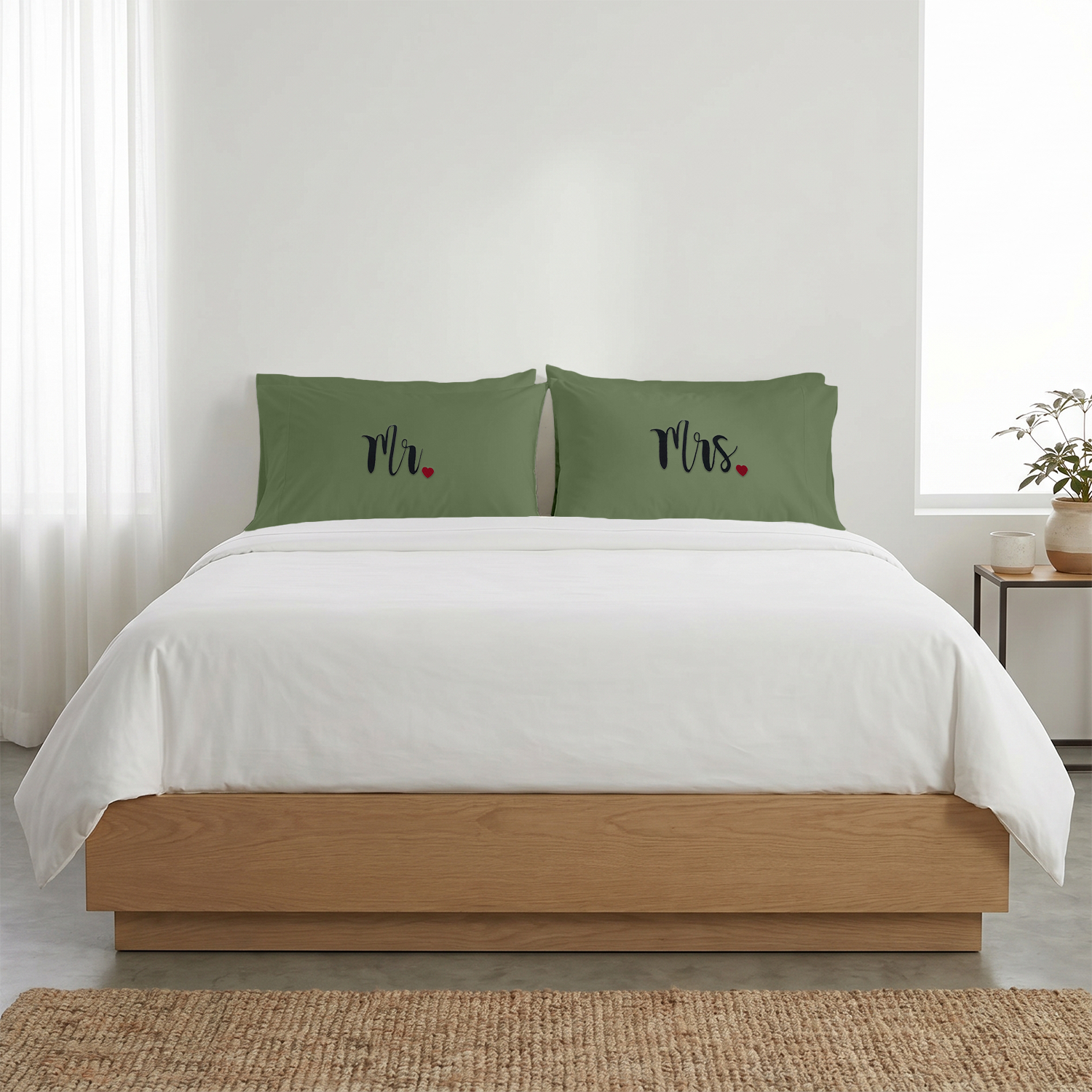 Moss Mr. & Mrs. Heart Pillow Covers Black Embroidery