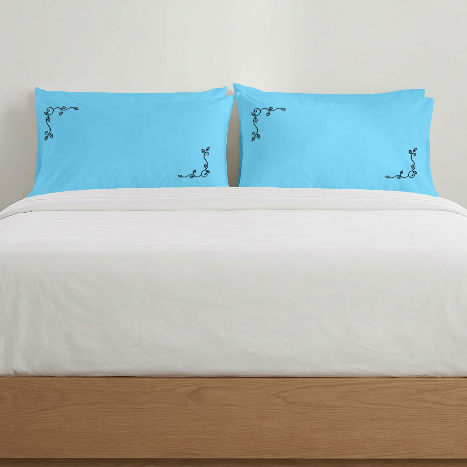 Light Blue Floral Vine Embroidered Pillow Cover Set Black Embroidery