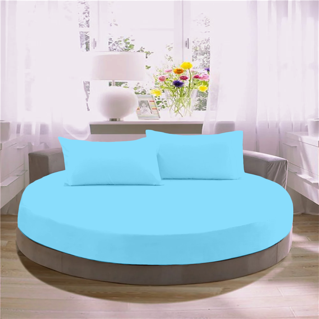 Light Blue Round Fitted Sheet with Pillowcase Bliss Solid Sateen